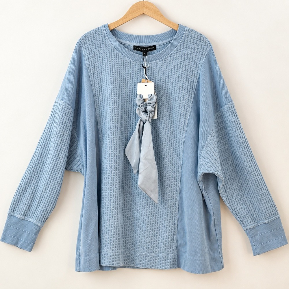Jane + Delancey Coquette Waffle Knit Top Women 2X Blue Soft Girl Coastal Grandma